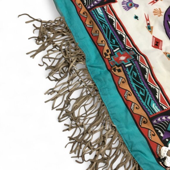 Vintage Wamcraft Scarf Kerchief Concha Thunderbird Fringe Leather RARE 22"x21.5" - Picture 3 of 8